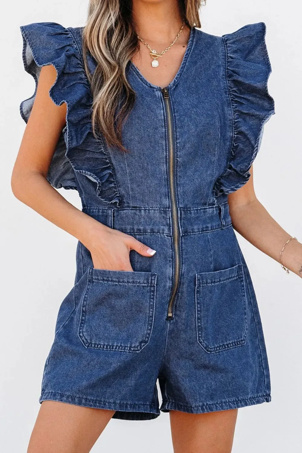 Denim Ruffled Zipped Front Belted Romper sold by Charming Charlie product image thumbnail 5