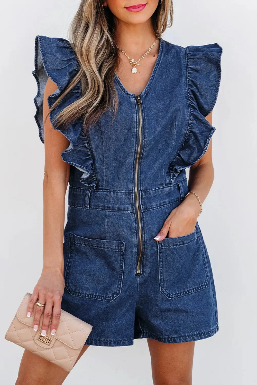 Denim Ruffled Zipped Front Belted Romper sold by Charming Charlie product image thumbnail 3