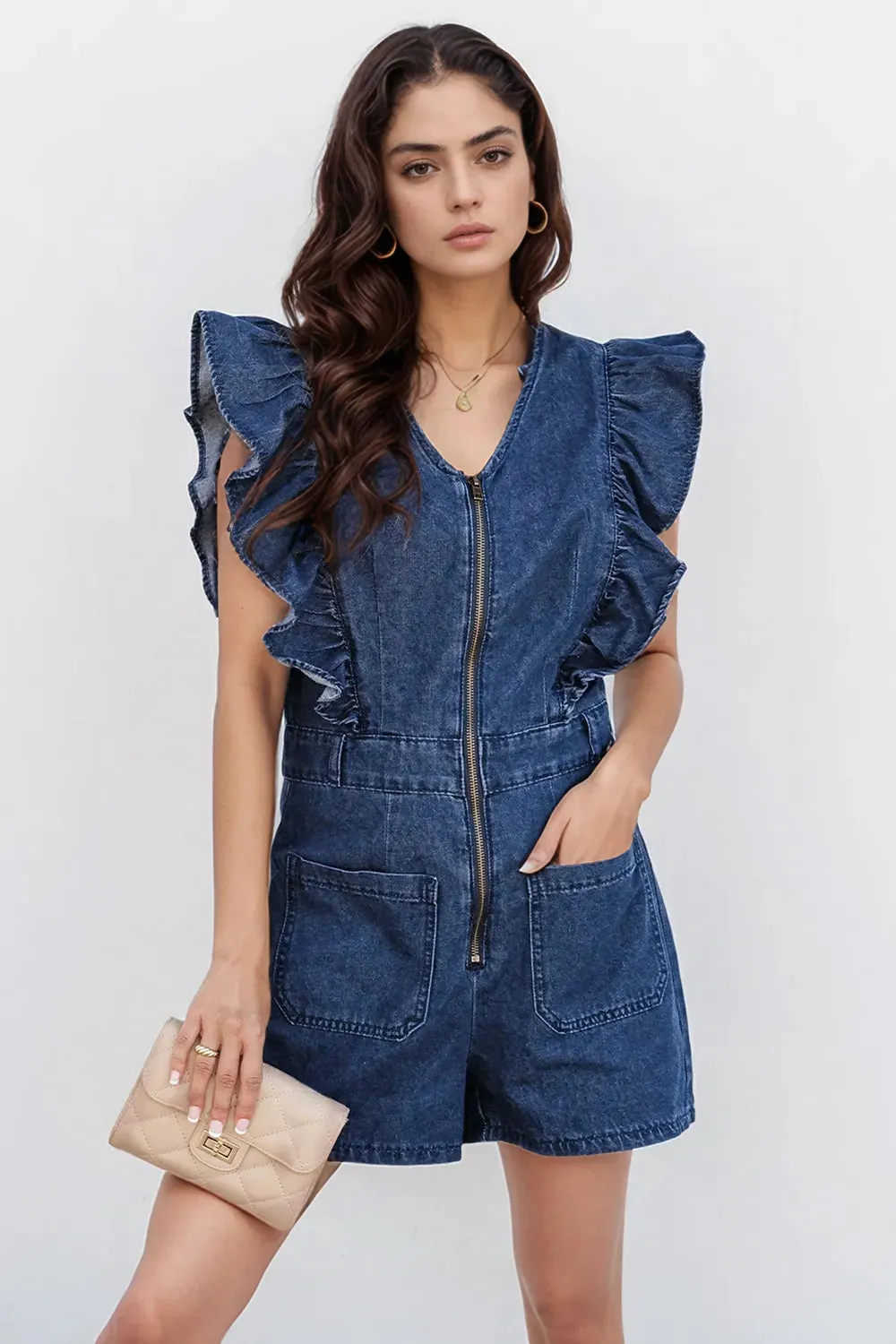 Denim Ruffled Zipped Front Belted Romper sold by Charming Charlie