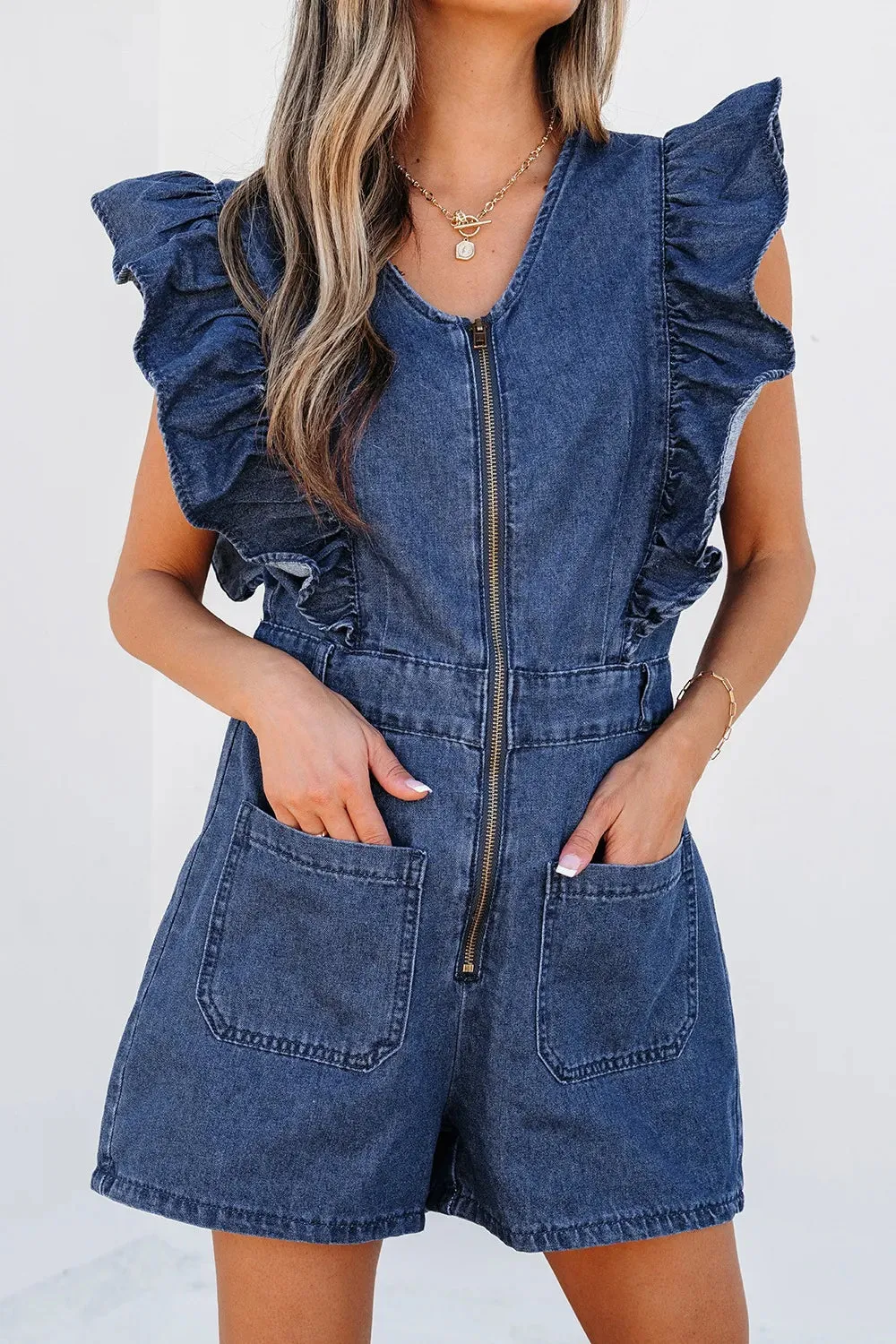Denim Ruffled Zipped Front Belted Romper sold by Charming Charlie product image thumbnail 2