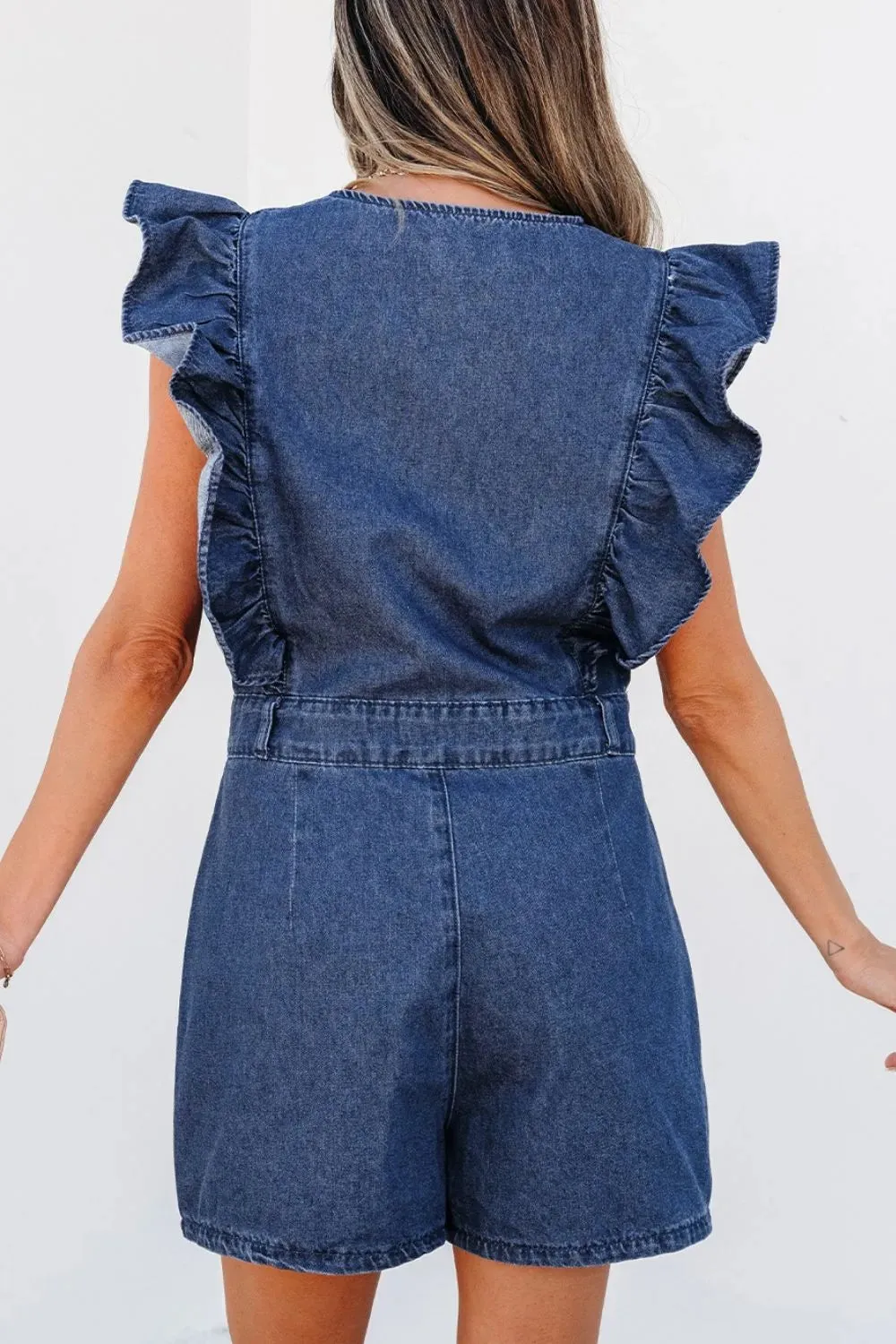 Denim Ruffled Zipped Front Belted Romper sold by Charming Charlie product image thumbnail 4