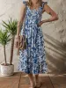 Floral Ruffle Strap Square Neck Smocked Bodice Midi Dress sold by Charming Charlie
