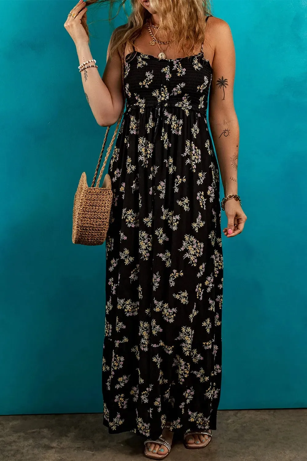 Floral Spaghetti Strap Shirred Bodice Tied Empire Waist Maxi Dress sold by Charming Charlie product image thumbnail 5