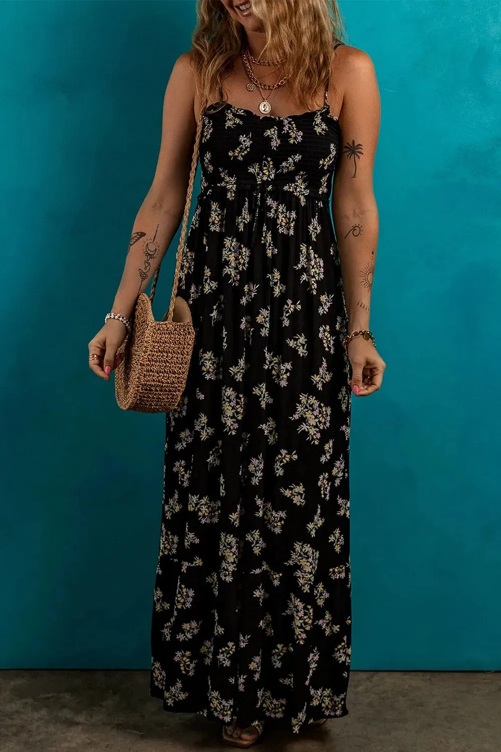 Floral Spaghetti Strap Shirred Bodice Tied Empire Waist Maxi Dress sold by Charming Charlie product image thumbnail 4