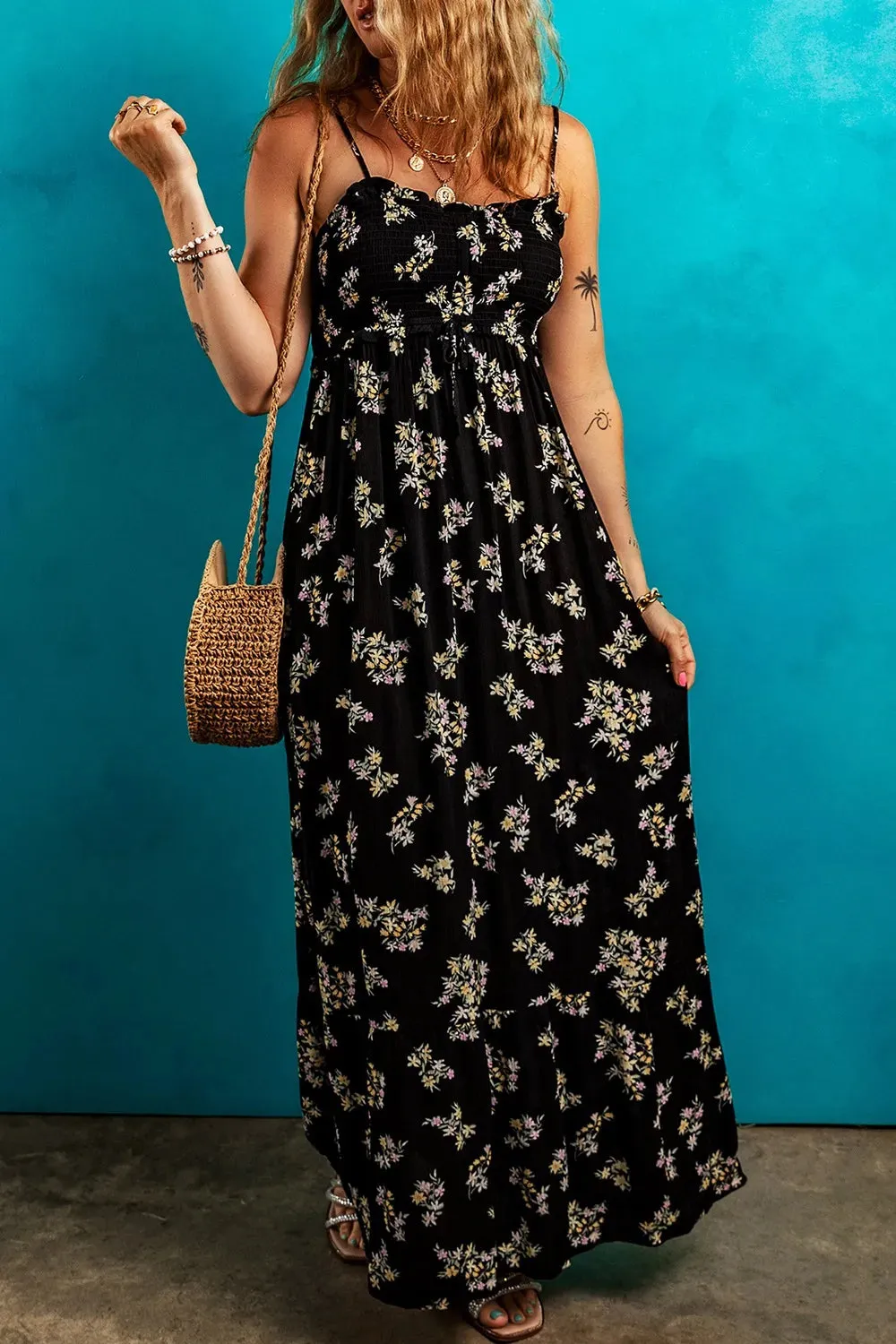Floral Spaghetti Strap Shirred Bodice Tied Empire Waist Maxi Dress sold by Charming Charlie