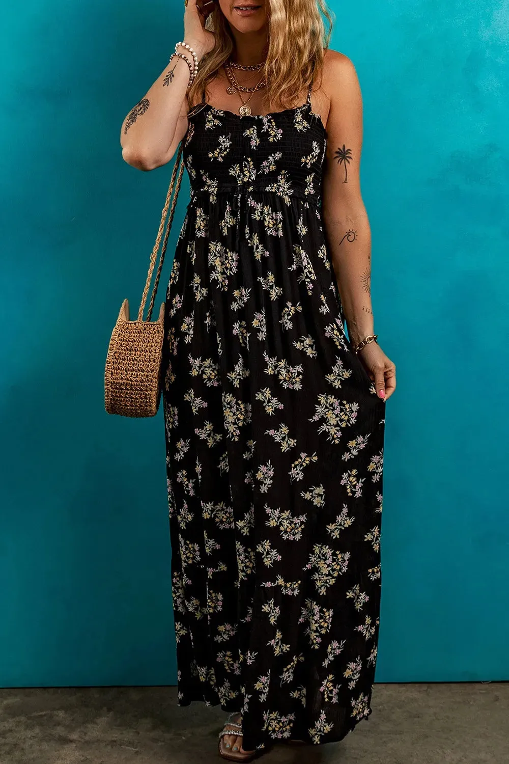 Floral Spaghetti Strap Shirred Bodice Tied Empire Waist Maxi Dress sold by Charming Charlie product image thumbnail 3