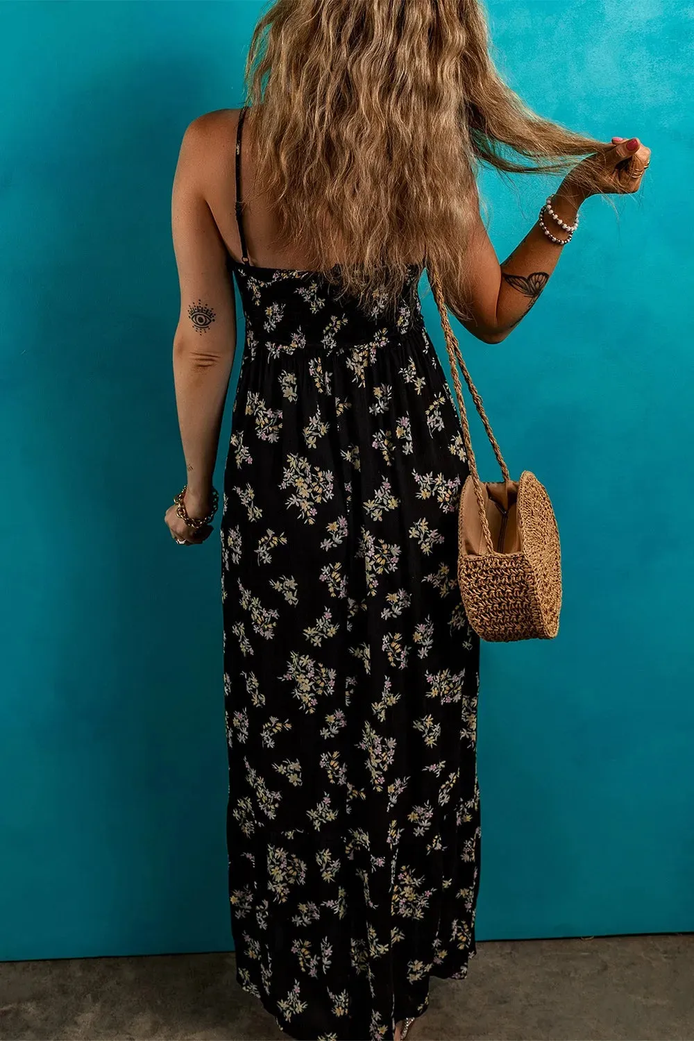 Floral Spaghetti Strap Shirred Bodice Tied Empire Waist Maxi Dress sold by Charming Charlie product image thumbnail 2