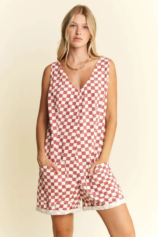 Jade By Jane Plus Size Back Tie Sleeveless Plaid Romper with Pockets sold by Charming Charlie