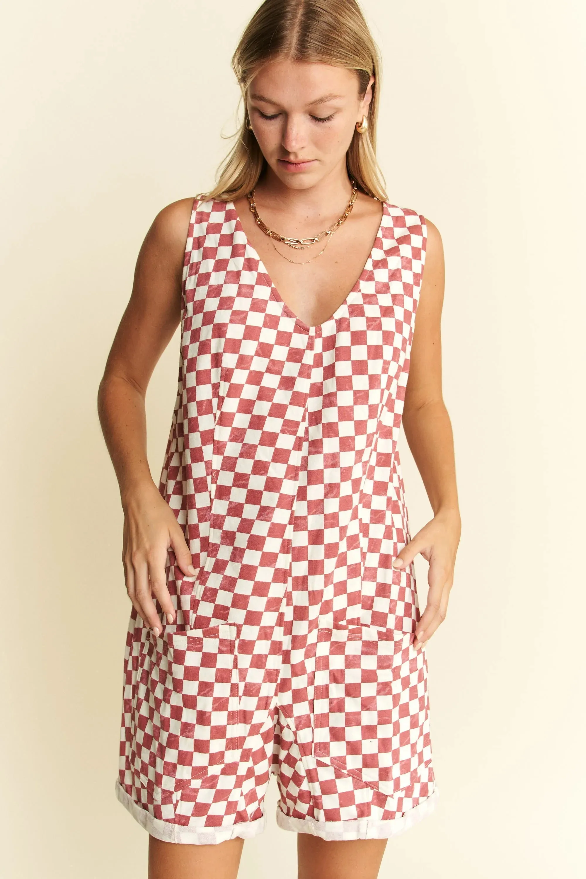 Jade By Jane Plus Size Back Tie Sleeveless Plaid Romper with Pockets sold by Charming Charlie product image thumbnail 2