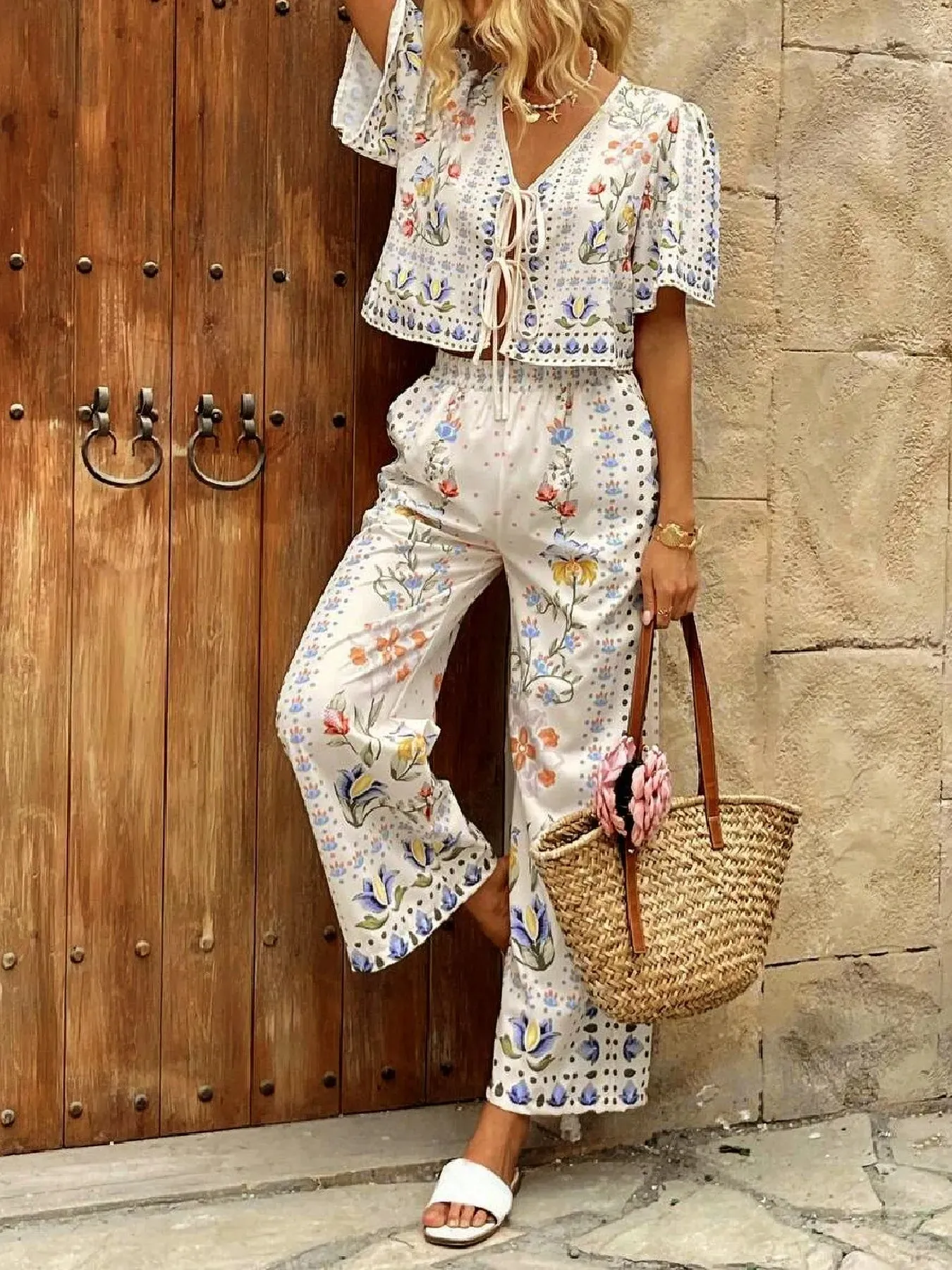 Printed Tie Front Short Sleeve Top and Pants Set sold by Charming Charlie product image thumbnail 5