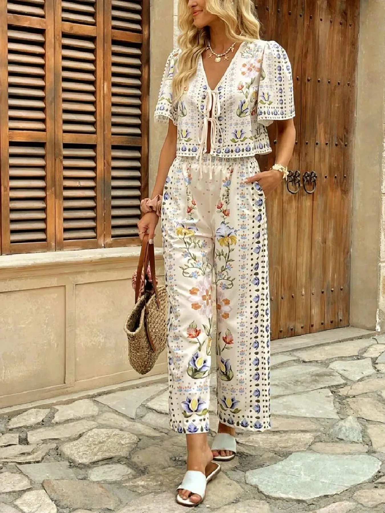 Printed Tie Front Short Sleeve Top and Pants Set sold by Charming Charlie product image thumbnail 4