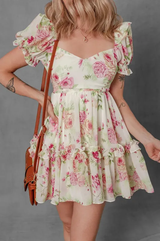 Floral Bubble Sleeve Sweetheart Neck Ruffle Mini Dress sold by Charming Charlie