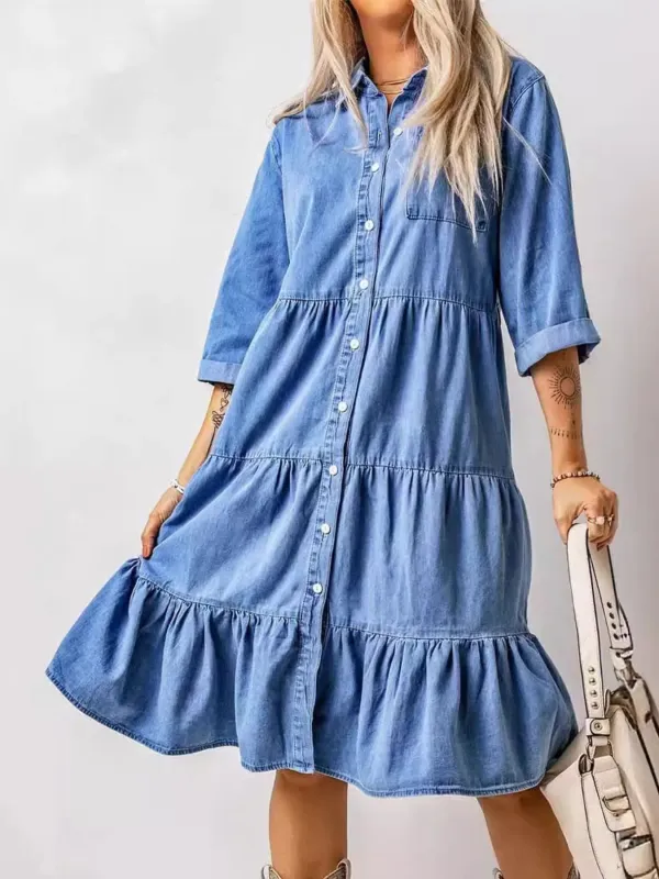 Full Size Ruffled Hem Button Up Denim Midi Dress Plus Size sold by Charming Charlie