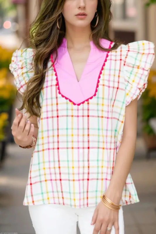 Plaid Flutter Sleeve Ric Rac Split V Neck Blouse sold by Charming Charlie