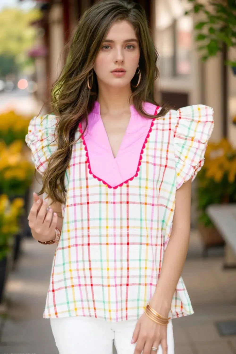 Plaid Flutter Sleeve Ric Rac Split V Neck Blouse sold by Charming Charlie product image thumbnail 2