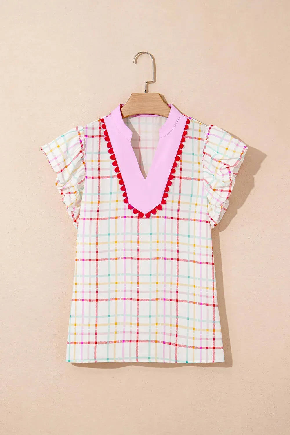 Plaid Flutter Sleeve Ric Rac Split V Neck Blouse sold by Charming Charlie product image thumbnail 4