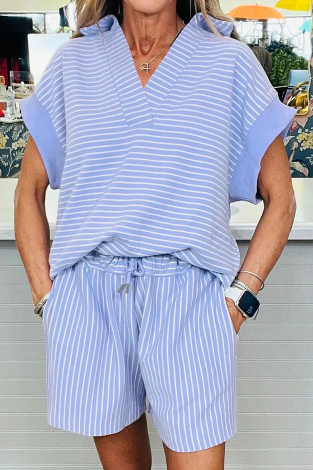 Casual Striped Short Sleeve Top and Shorts Two-Piece Set sold by Charming Charlie