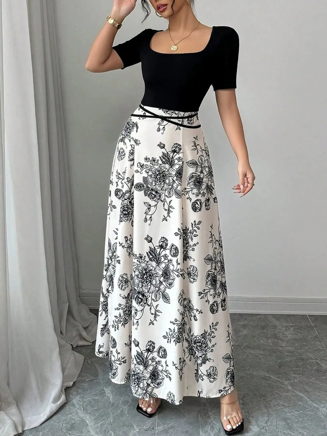 Printed Square Neck Short Sleeve Maxi Dress sold by Charming Charlie