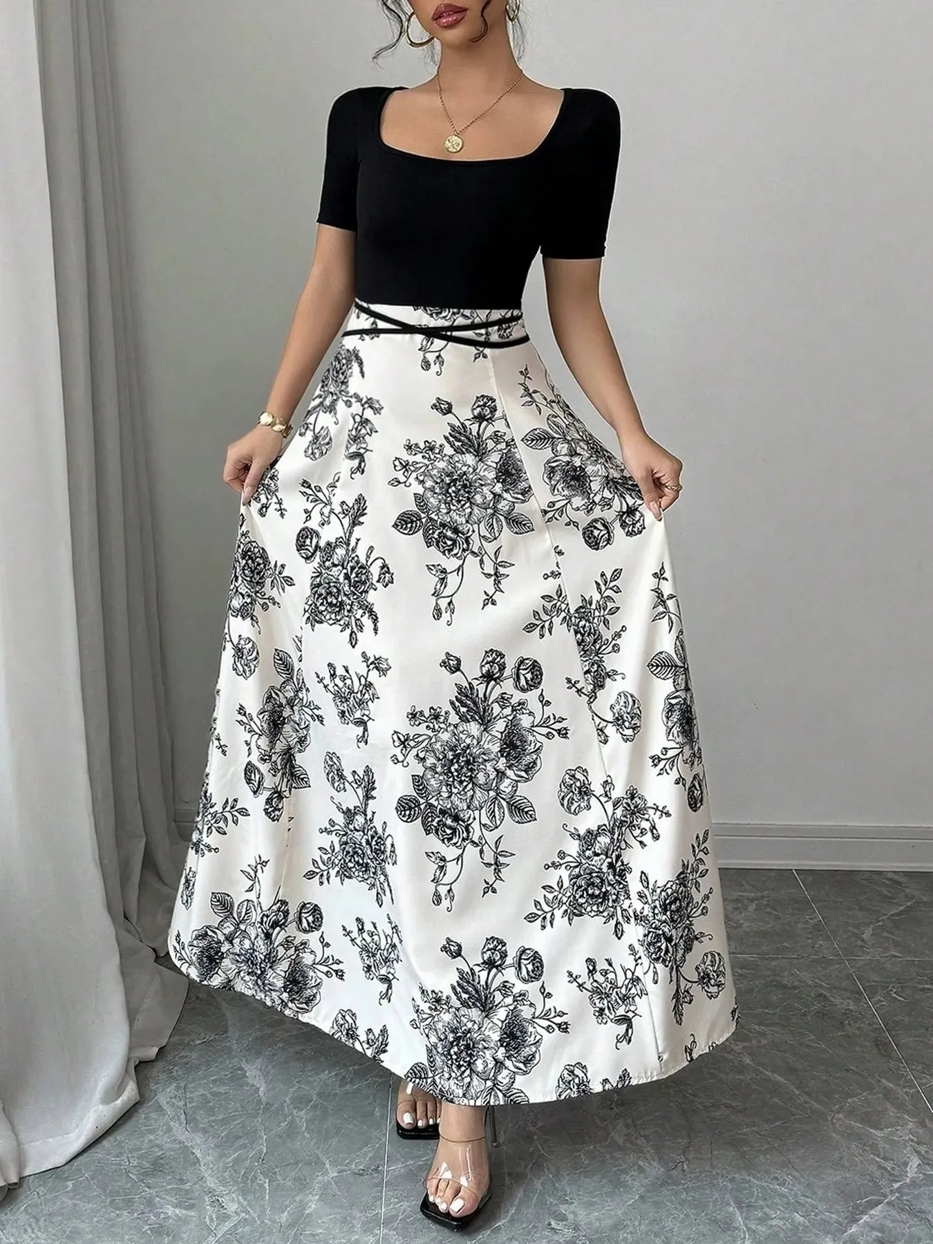 Printed Square Neck Short Sleeve Maxi Dress sold by Charming Charlie product image thumbnail 4