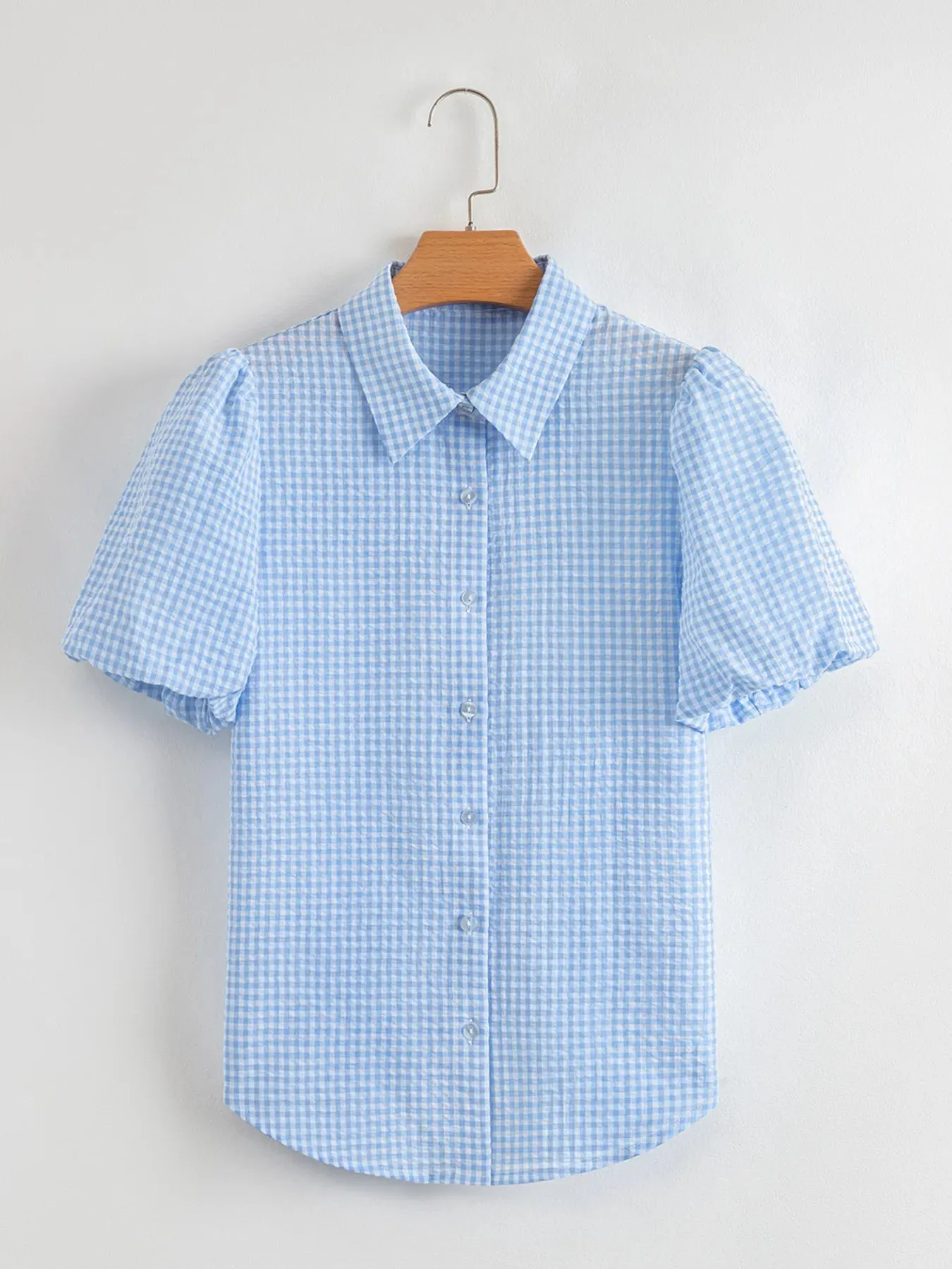 Gingham Print Puff Sleeve Button-Up Shirt sold by Charming Charlie product image thumbnail 4