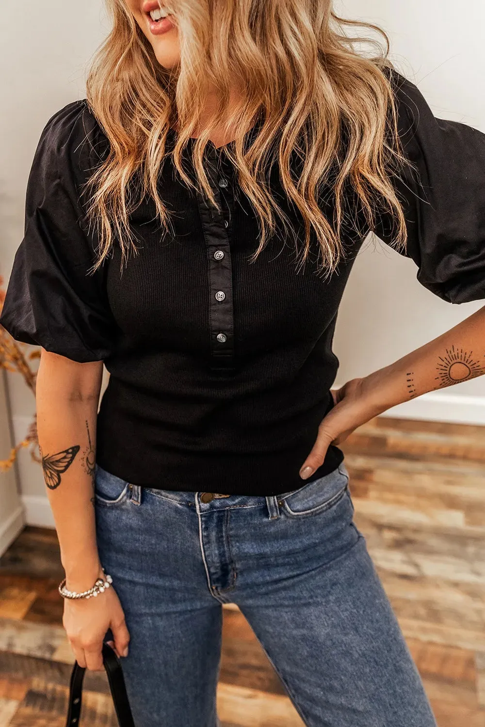 Ribbed Patchwork Puff Sleeve Half Button Placket Slim Fit Top sold by Charming Charlie