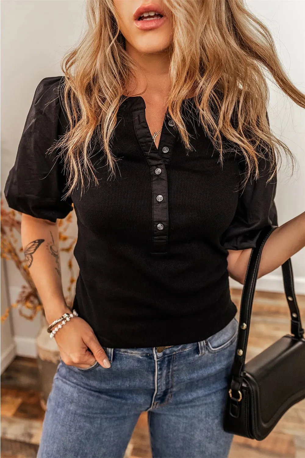 Ribbed Patchwork Puff Sleeve Half Button Placket Slim Fit Top sold by Charming Charlie product image thumbnail 3