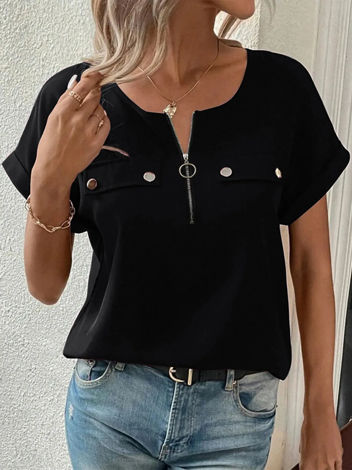 Casual Zipper Front Short Sleeve Blouse sold by Charming Charlie