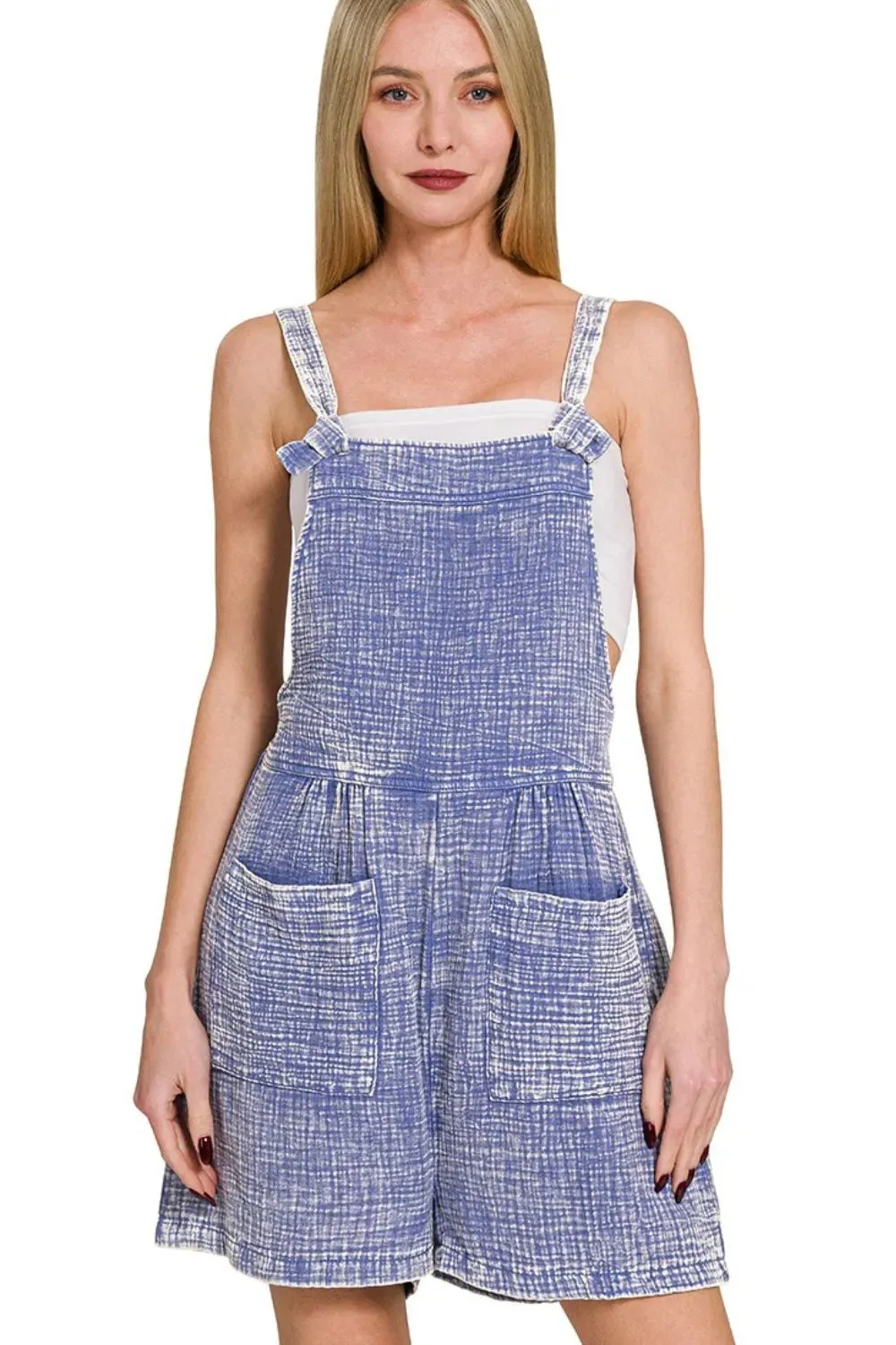 Zenana Woven Double Gauze Acid Washed Romper sold by Charming Charlie