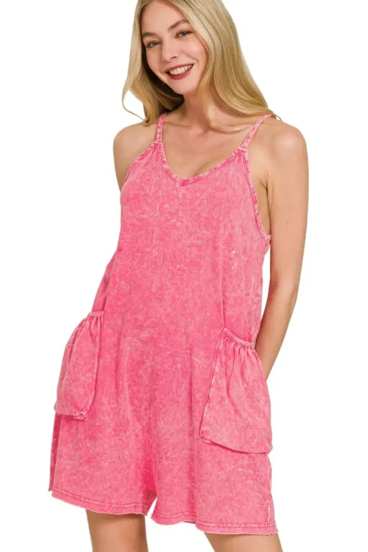 Zenana Acid Crinkle Washed Spaghetti Strap Romper sold by Charming Charlie