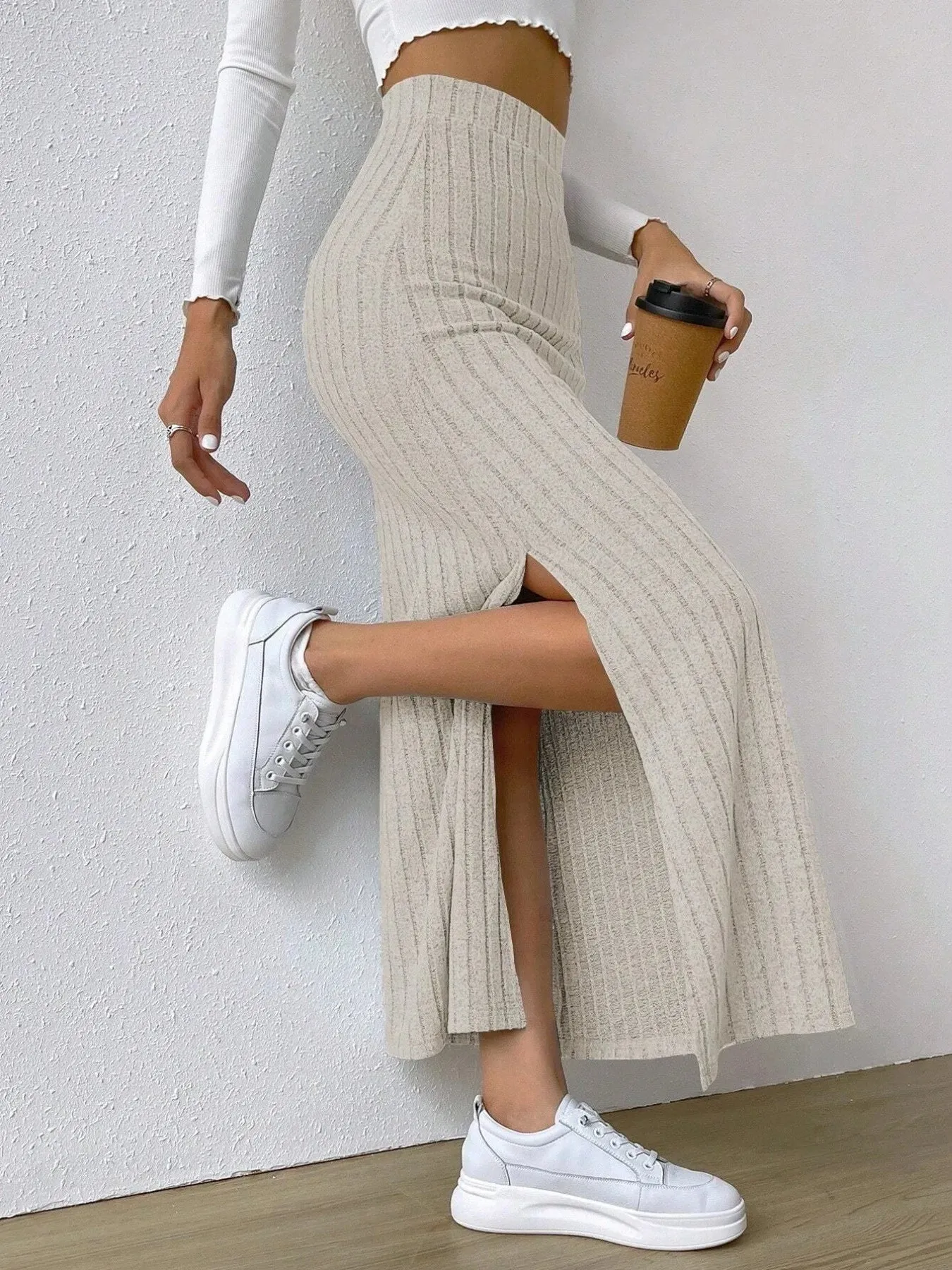 High Waist Ribbed Knit Maxi Skirt sold by Charming Charlie