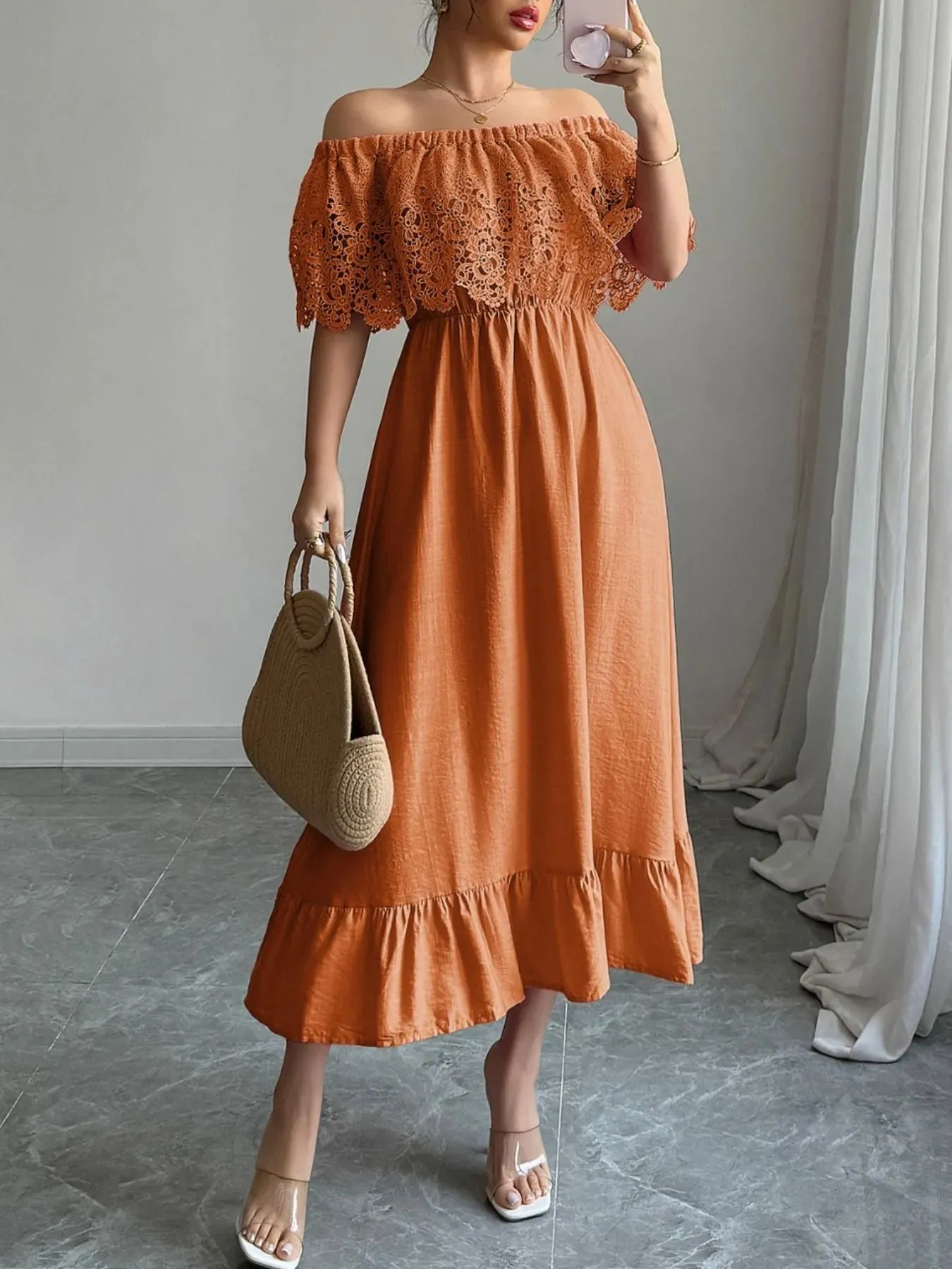 Off-Shoulder Lace Ruffle Midi Dress sold by Charming Charlie product image thumbnail 5