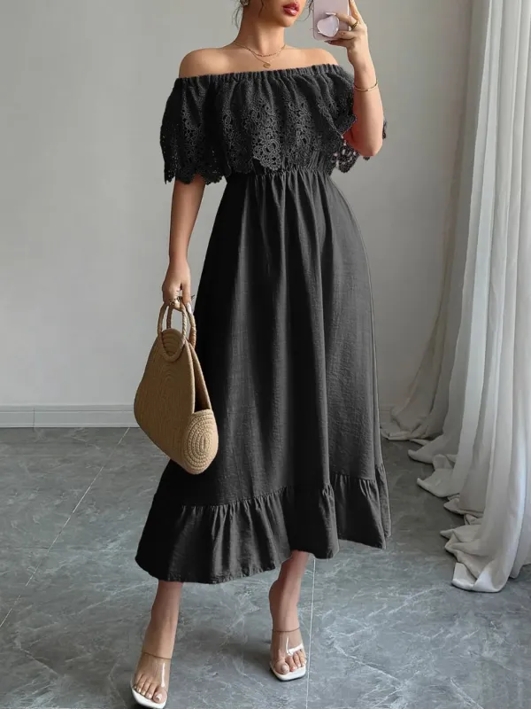 Off-Shoulder Lace Ruffle Midi Dress sold by Charming Charlie
