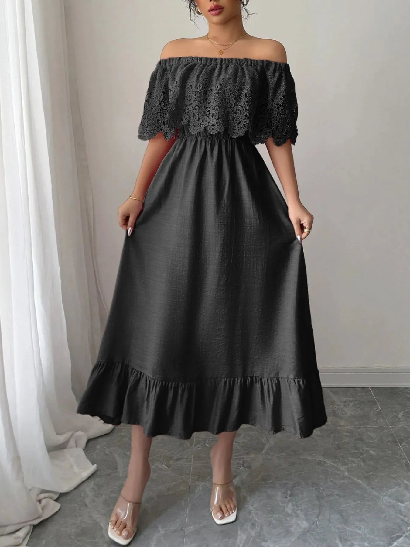 Off-Shoulder Lace Ruffle Midi Dress sold by Charming Charlie product image thumbnail 2