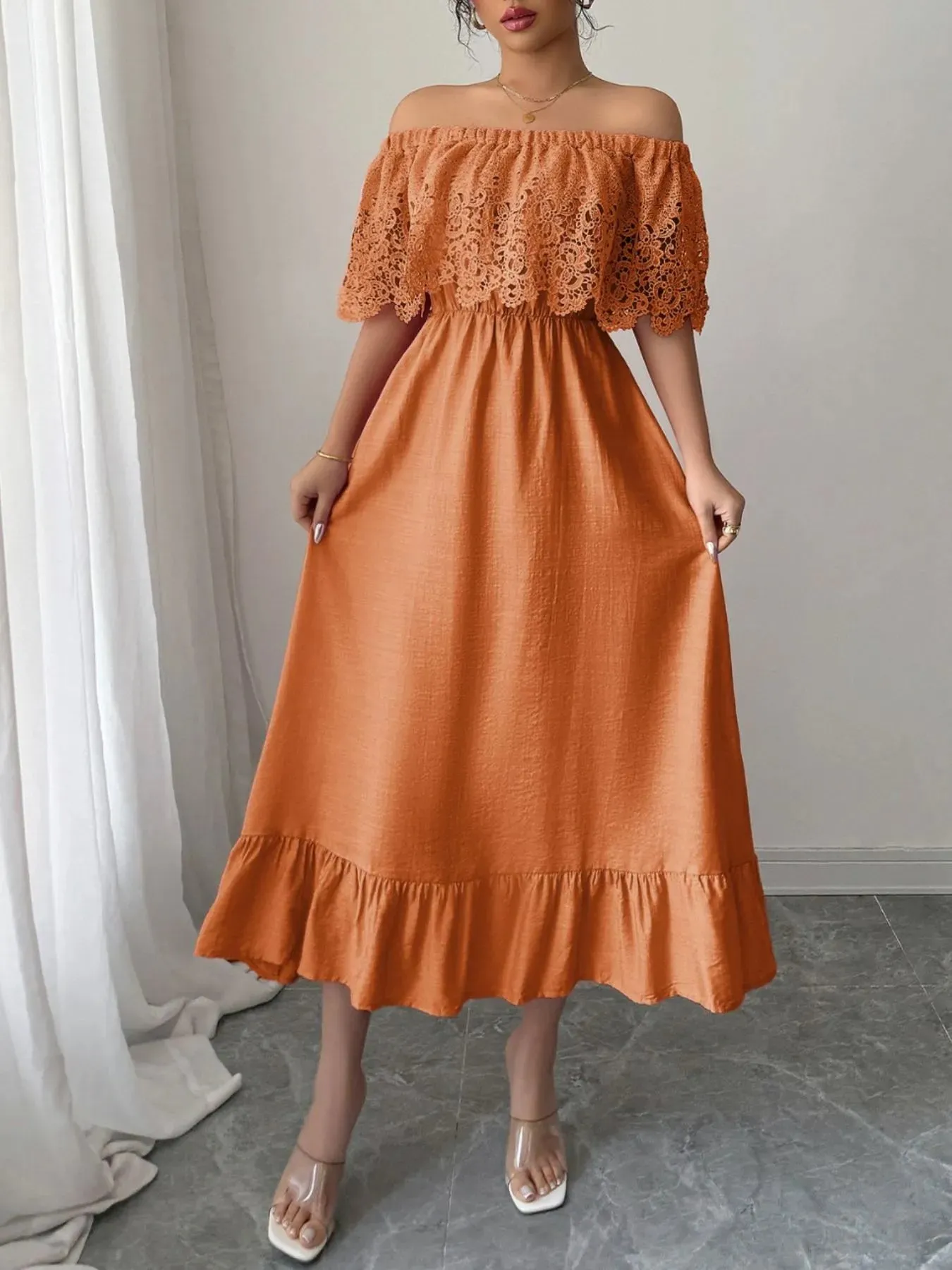 Off-Shoulder Lace Ruffle Midi Dress sold by Charming Charlie product image thumbnail 4