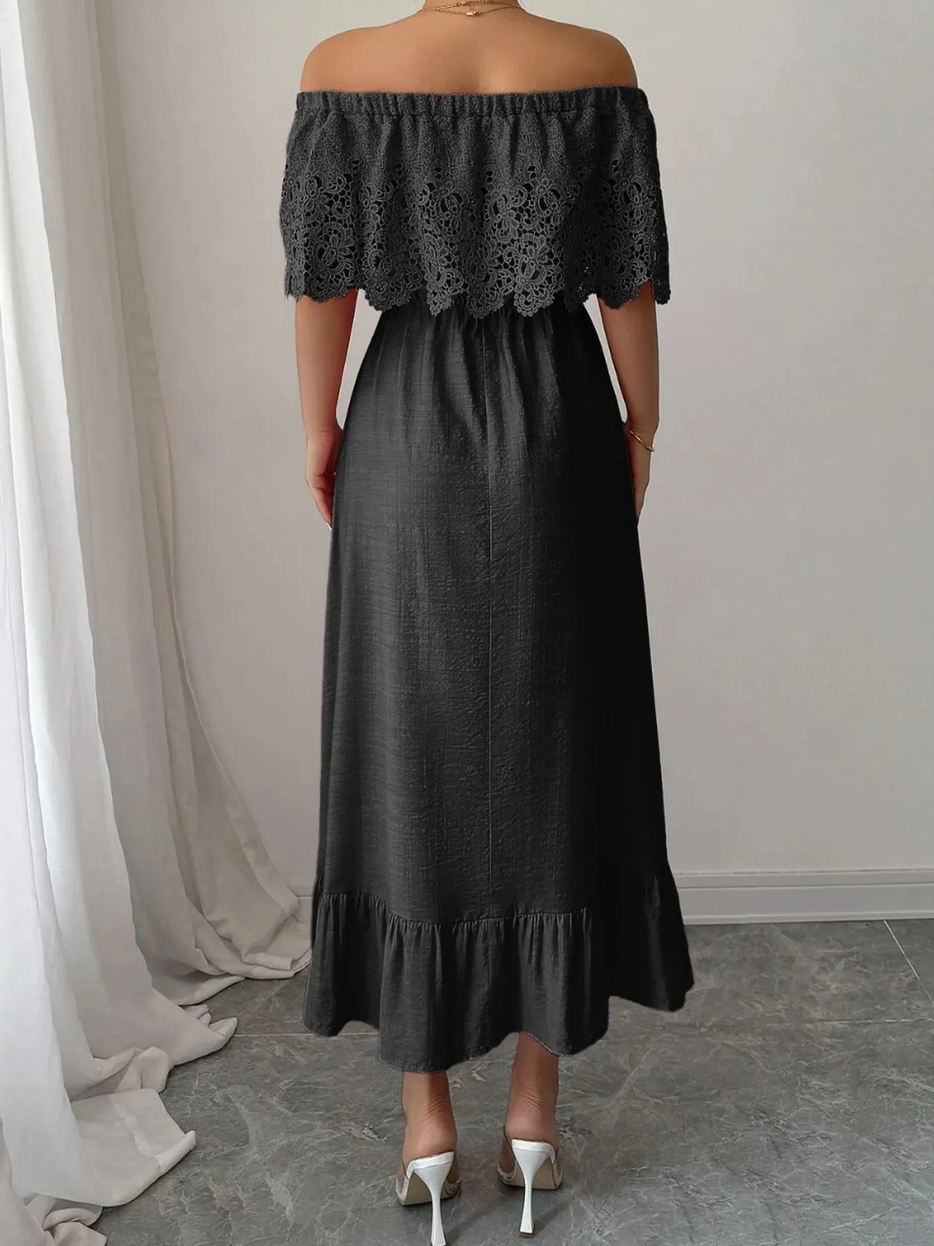 Off-Shoulder Lace Ruffle Midi Dress sold by Charming Charlie product image thumbnail 3