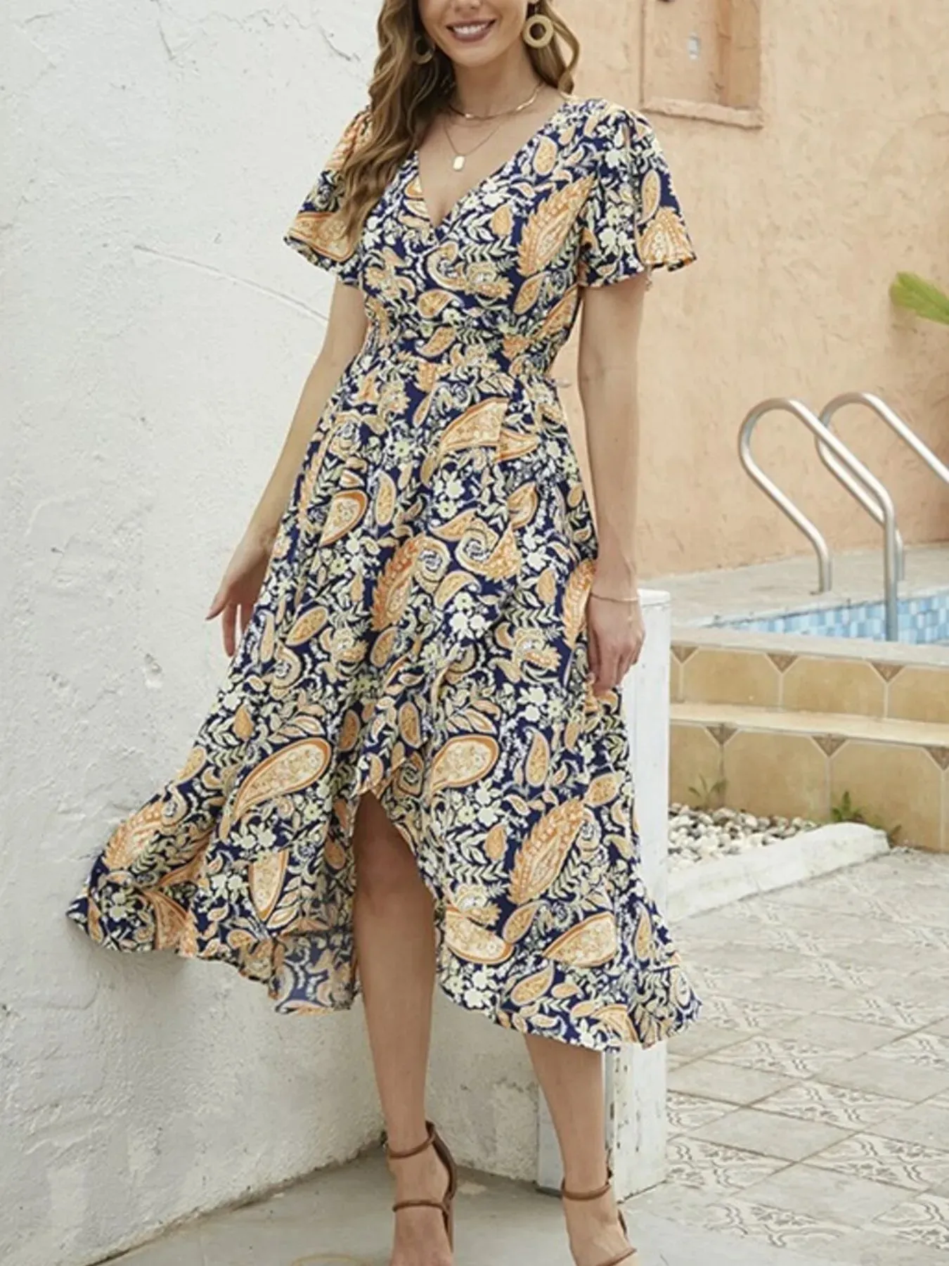 Floral Print Short Sleeve Wrap Midi Dress sold by Charming Charlie product image thumbnail 5