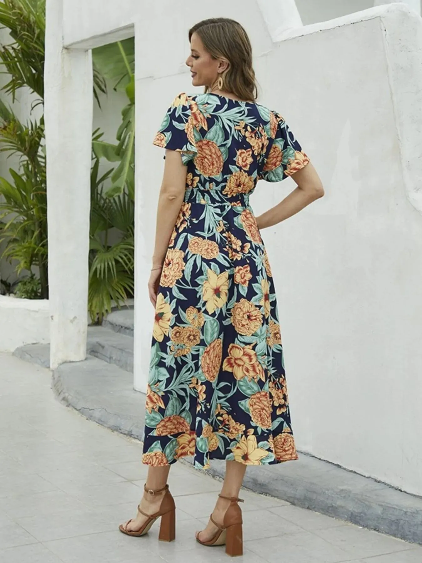 Floral Print Short Sleeve Wrap Midi Dress sold by Charming Charlie product image thumbnail 4