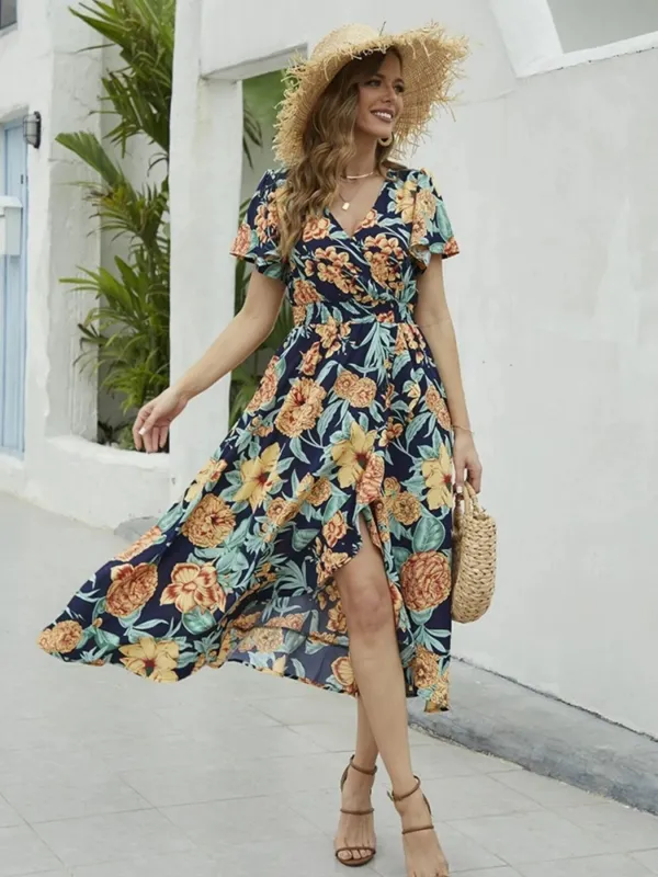 Floral Print Short Sleeve Wrap Midi Dress sold by Charming Charlie