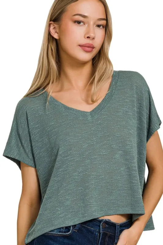 Zenana Hacci Slub V-neck Drop Shoulder Crop Top sold by Charming Charlie