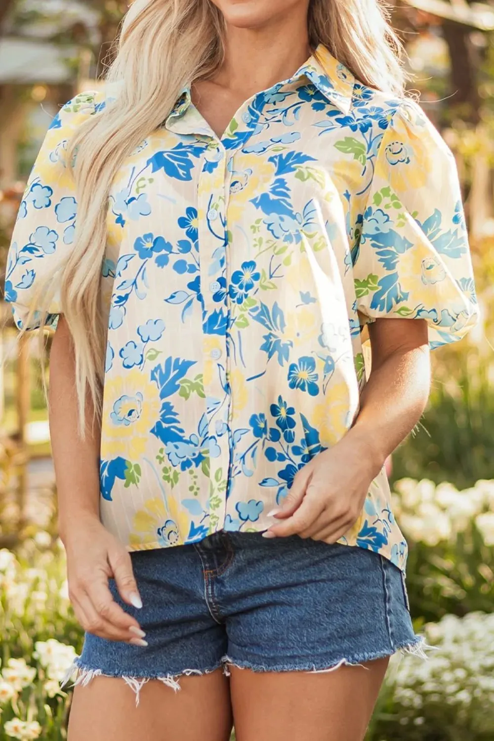 Printed Puff Sleeve Button Down Summer Shirt sold by Charming Charlie product image thumbnail 4