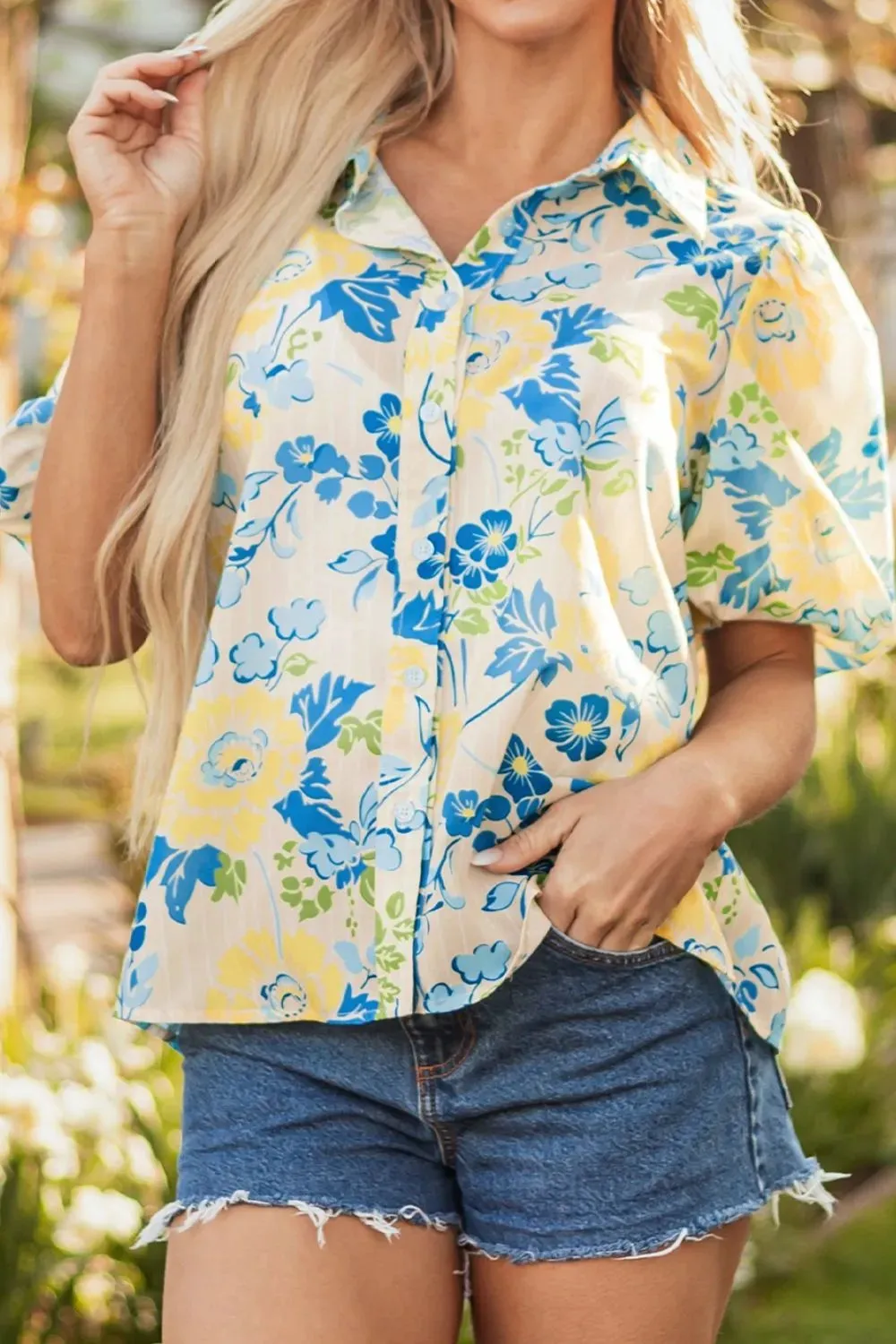 Printed Puff Sleeve Button Down Summer Shirt sold by Charming Charlie product image thumbnail 3