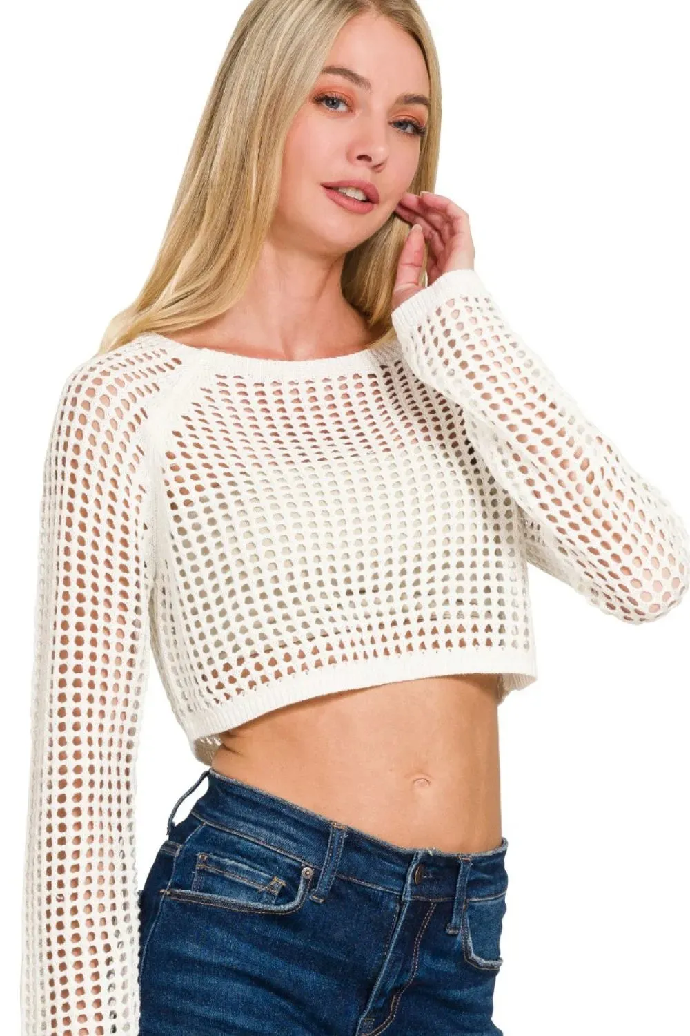 Zenana Hollow Knitted Cropped Round Neck Sweater sold by Charming Charlie product image thumbnail 2