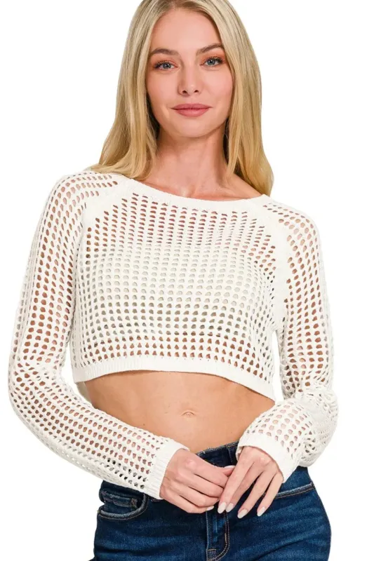 Zenana Hollow Knitted Cropped Round Neck Sweater made by Charming Charlie