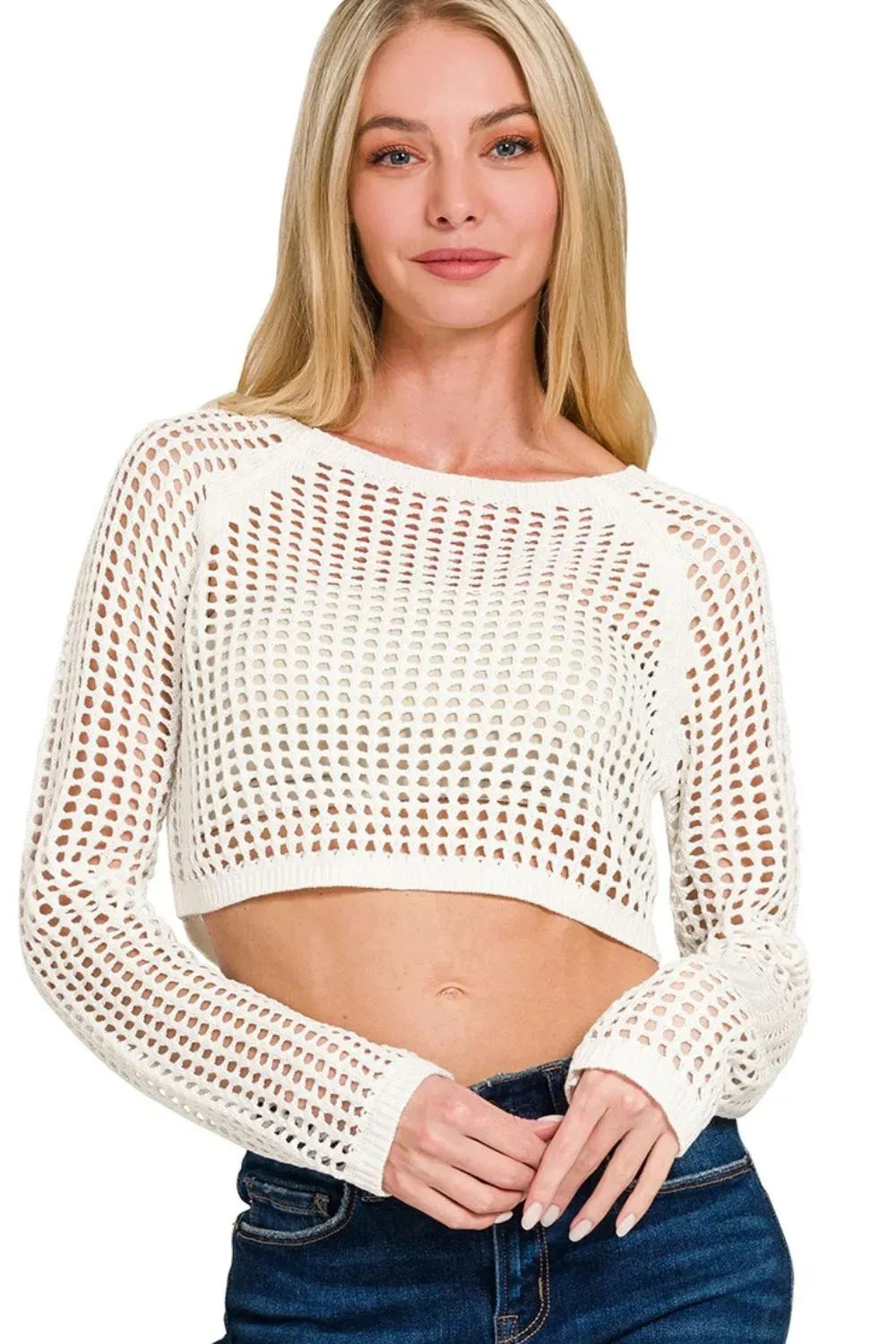 Zenana Hollow Knitted Cropped Round Neck Sweater sold by Charming Charlie