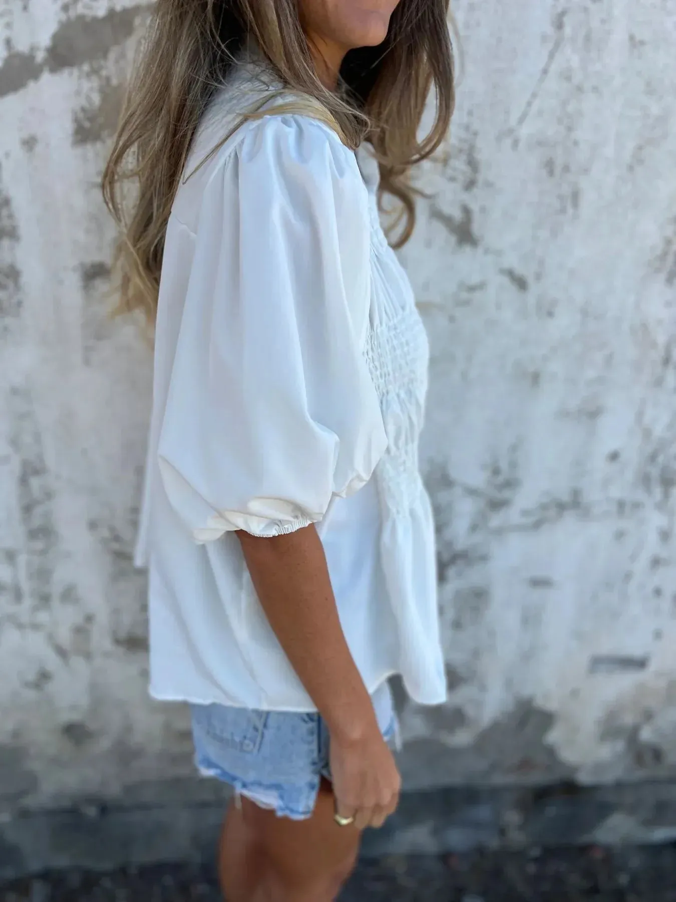 Full Size Smocked Button Front Puff Sleeve Shirt Plus Size sold by Charming Charlie product image thumbnail 3