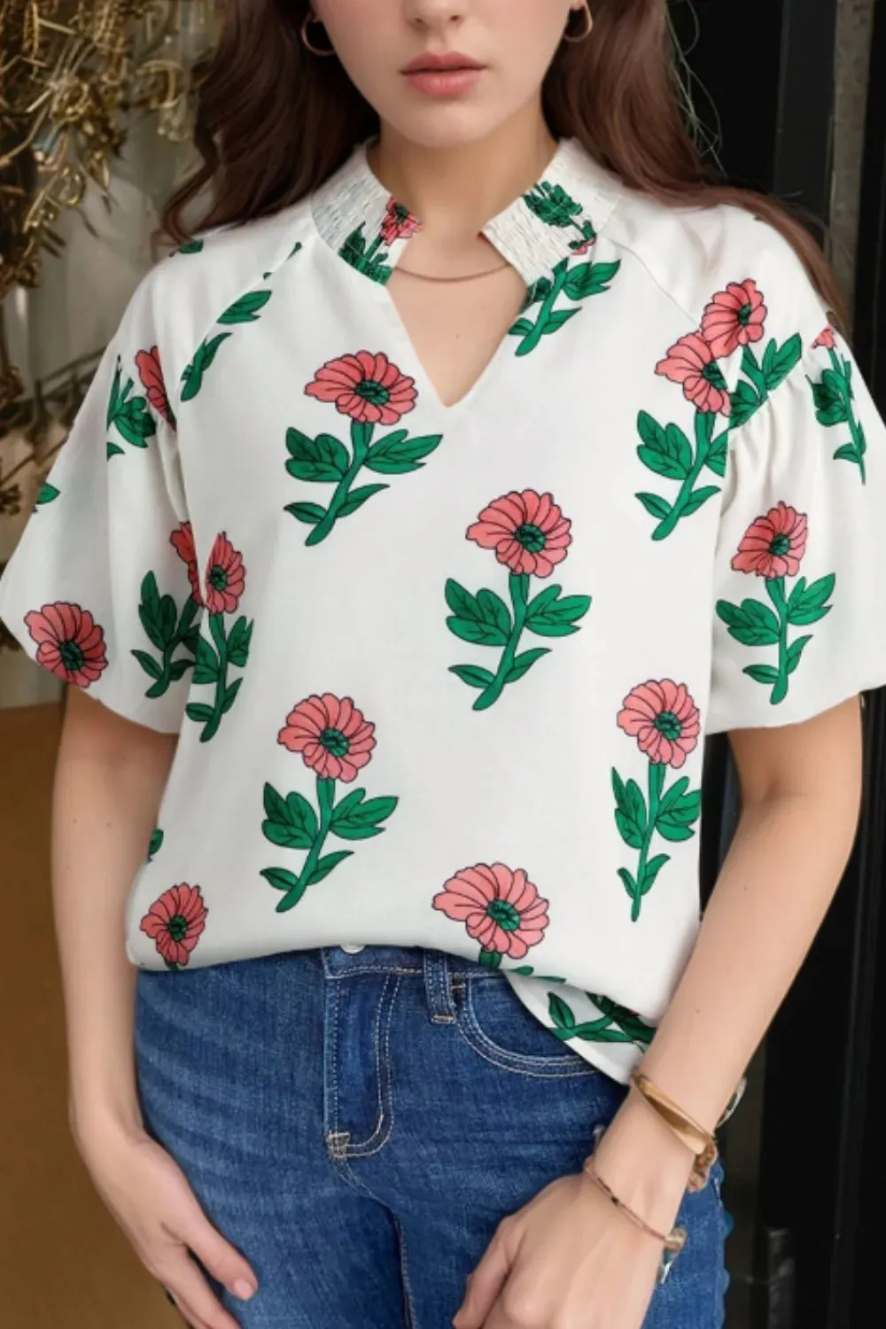 Flower Notched Short Sleeve Blouse sold by Charming Charlie