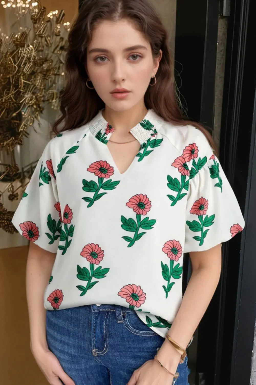 Flower Notched Short Sleeve Blouse sold by Charming Charlie product image thumbnail 2