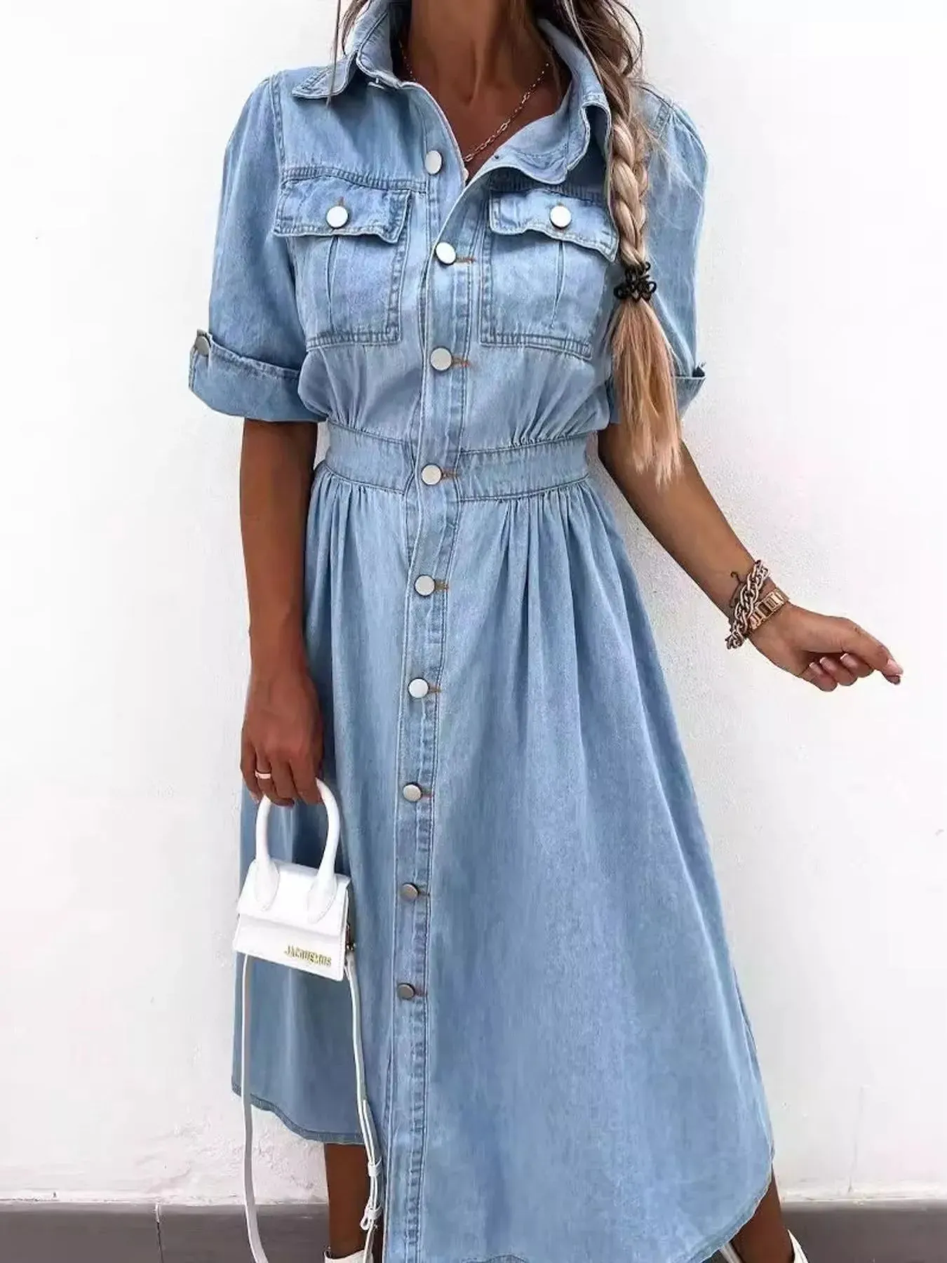 Full Size Button Down Roll-Up Sleeve Denim Shirt Dress Plus Size sold by Charming Charlie product image thumbnail 2