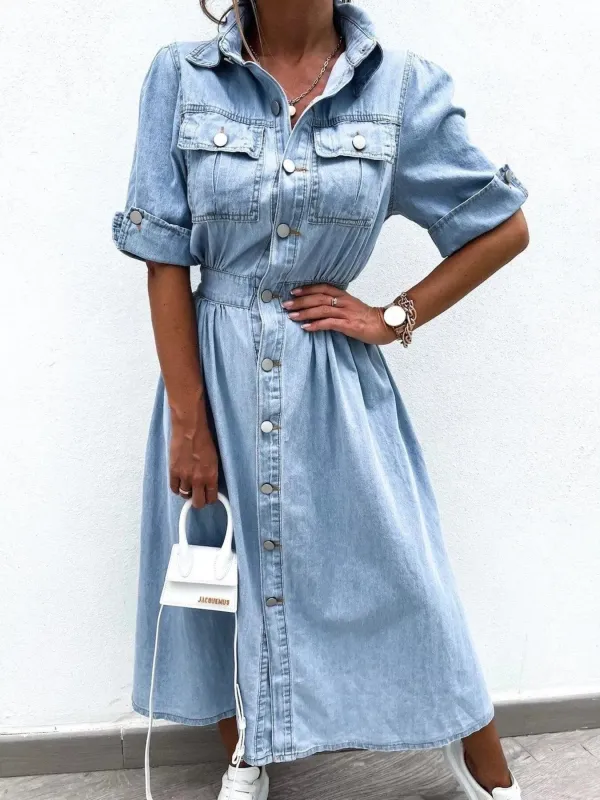 Full Size Button Down Roll-Up Sleeve Denim Shirt Dress Plus Size sold by Charming Charlie