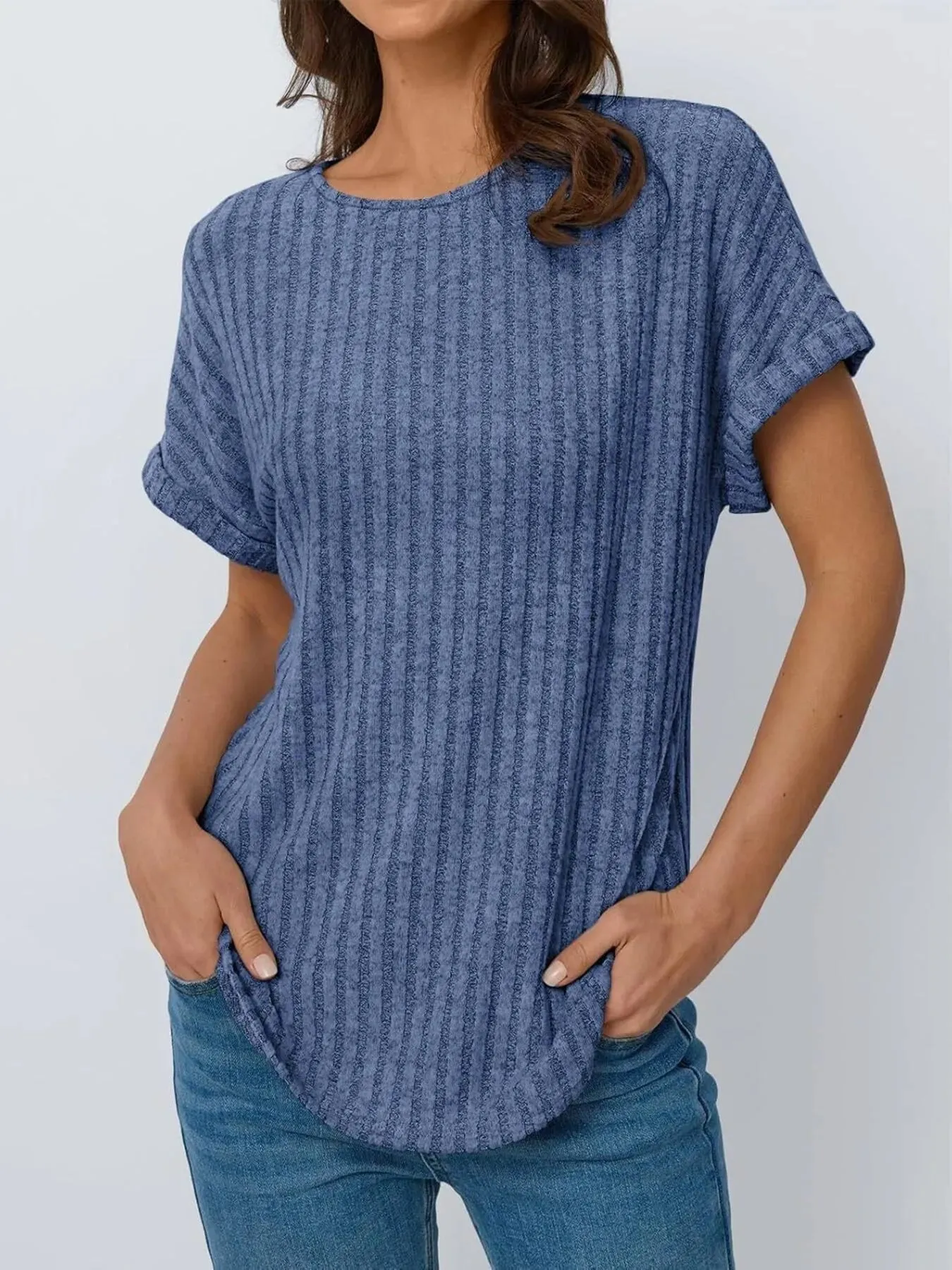 Casual Ribbed Knit Short Sleeve T-Shirt sold by Charming Charlie product image thumbnail 4